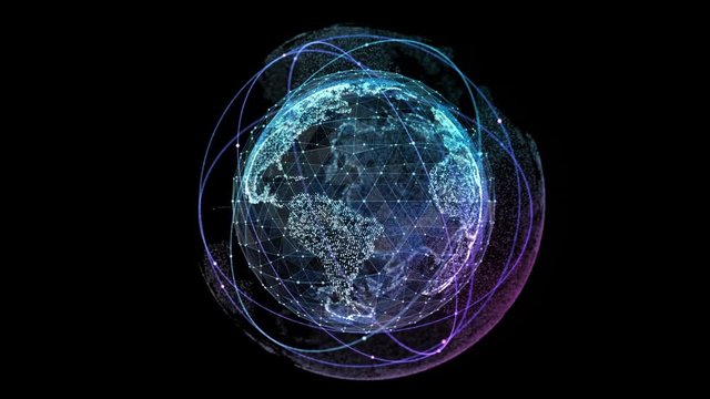 Digital technology connection of the globe with orbiting satellites. Rotation of 360 degrees