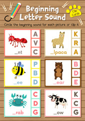 Clip cards matching game of beginning letter sound A, B, C for preschool kids activity worksheet in animals theme colorful printable version layout in A4.