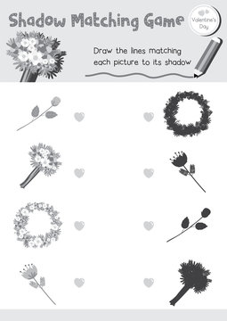 Shadow matching game of flowers for preschool kids activity worksheet in Valentines Day theme colorless printable version layout in A4.