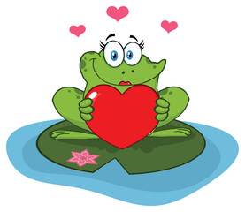 Cute Frog Female Cartoon Mascot Character In A Pond Holding A Valentine Love Heart.  Illustration Isolated On White Background