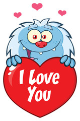 Cute Little Yeti Cartoon Mascot Character Holding A Valentine Love Heart. Illustration Isolated On White Background With Text I love You