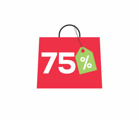 Red shopping bag with 75% on it, with a green price tag label isolated on white background.