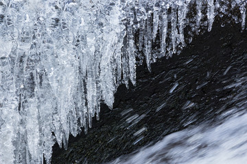 Hanging icicles above streaming water in winter