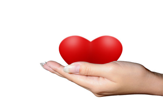 Red heart on hand isolated on a white background.