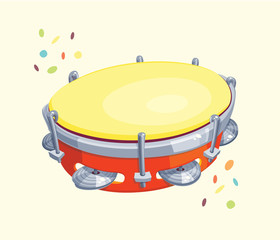 Tambourine with Confetti - Vector cartoon for carnival or music themes.