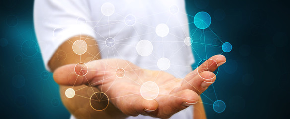 Businessman holding digital data network in his hand 3D renderin