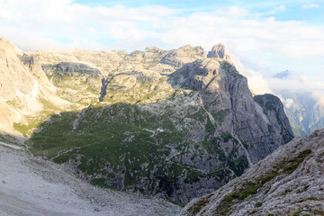 Mountain Einserkofel and alpine hut Zsigmondyhütte in South Tyrol, Italy