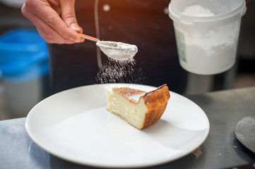 Dessert decoration: tasty pie with sugar powder