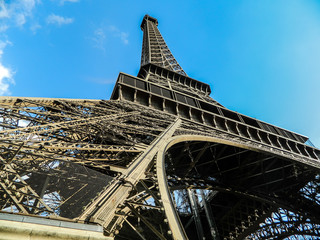 View from bottom of Eifell tower in Paris with clear blue sky