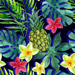 Tropical watercolor pineapple, flowers and leaves with shadows