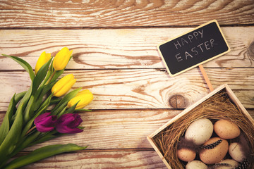 Easter background with eggs in nest and purple and yellow tulips. Top view with copy space