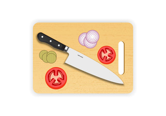 Wooden chopping or cutting board with chef knife on white background. Vector illustration.