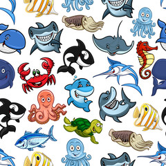 Obraz premium Sea fishes, ocean animals vector cartoon pattern