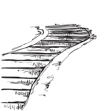 Landscape with staircase, landmark, old road, hand-drawing sketch art, black and white pattern.