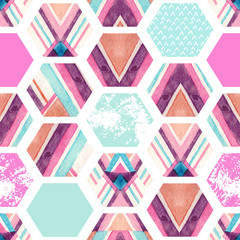 Aquarel zeshoek naadloos patroon met geometrische sierelementen