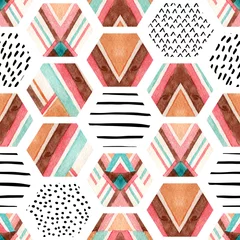 Acrylic prints Grafic prints Watercolor hexagon seamless pattern with geometric ornamental elements