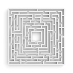3d rendering of a white square maze on white background in front view.