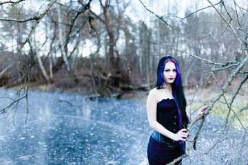 Portrait of the gothic woman on the frozen lake