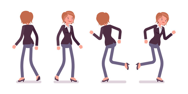 Set of female manager in walking, running poses, rear, front view