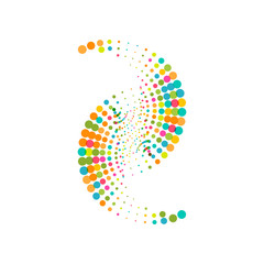 Colorful abstract dotted symbol. Halftone effect festive surface with colored particles. Multicolor dots on white background. Retro, vintage, hipster style