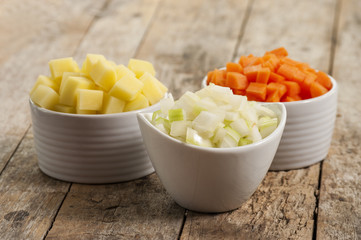 Onions, carrots, potatoes are good ingredients for soup.