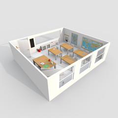 3d interior rendering of furnished classroom