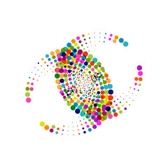 Colorful abstract dotted symbol. Halftone effect festive surface with colored particles. Multicolor dots on white background. Retro, vintage, hipster style