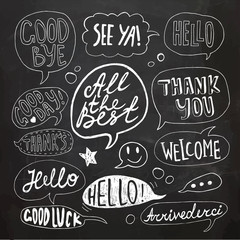 Hand drawn set of speech bubbles with handwritten short phrases