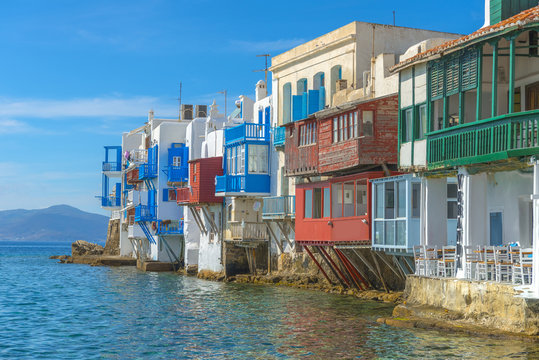 The picturesque Little Venice in Mykonos, Cyclades, Greece.