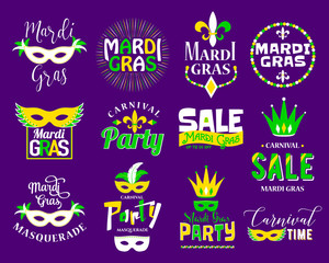 Mardi Gras lettering typography set. Emblems, logo with text sign © zaie