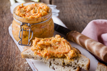 Homemade dip of white beans in glass jar