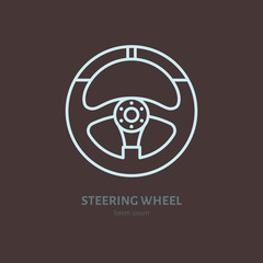 Steering wheel vector line icon. Car racing logo, driving lessons sign. Automobile parts illustration.