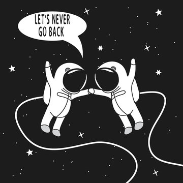 two cute astronauts flying together in outer space