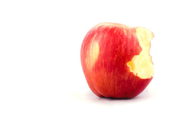 fresh red apple with missing a bite on white background healthy apple fruit food isolated
