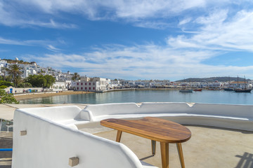 Panoramic view of Mykonos port, Cyclades, Greece during summer.