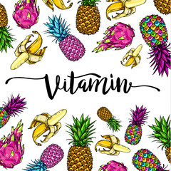 Image with multicolored fruit lettering vitamin on white background, pineapples, bananas, dragon fruit. Print t-shirt, graphic element for your design. Vector illustration.