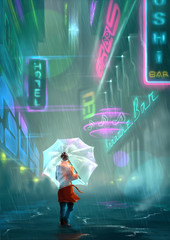 Young woman standing in a street with big neon signs of a futuristic Cyberpunk City