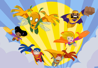 superhero team jumping flying in the sky