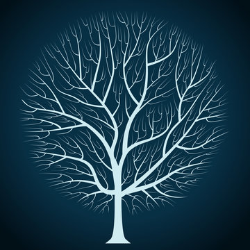 graphic design, bright, tree silhouette on a dark blue background