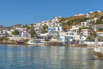 Panoramic view of Mykonos port, Cyclades, Greece during summer.