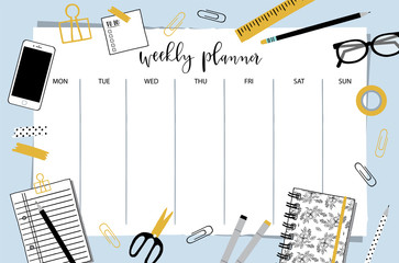 Weekly planner template. Organizer and schedule with place for Notes. - 136285788