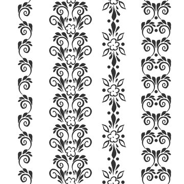 set of hand drawn seamless floral borders for design, print, embroidery.