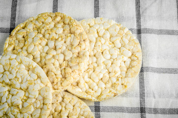 rice cake, puffed rice on table cloth