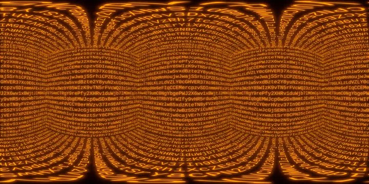 360VR Video. Matrix cube. 360 degree virtual reality video. Orange, alphanumeric variant, loop able