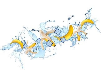 Splash with banana isolated on white background. Abstract water with fresh fruits. 