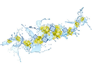 Fototapeta premium Splash with grape isolated on white background. Abstract water with fresh fruits. 