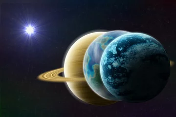 Poster drie planeten opgelijnd tegen de zon © JoveImages