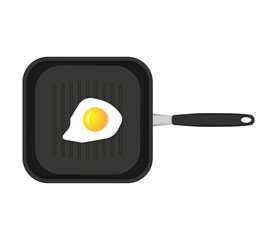 Grill pan with fried egg on white background. Top view vector illustration.
