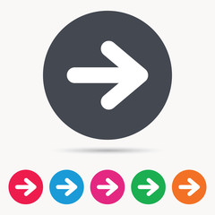 Arrow icon. Next navigation symbol. Colored circle buttons with flat web icon. Vector