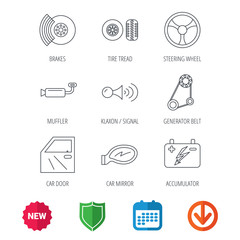 Accumulator, brakes and steering wheel icons. Generator belt, klaxon signal and car mirror linear signs. Door icon. New tag, shield and calendar web icons. Download arrow. Vector